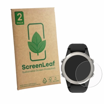 Front side of a product packaging with the brand logo ScreenLeaf. Next to it is the device Shearwater TERN shown with the corr