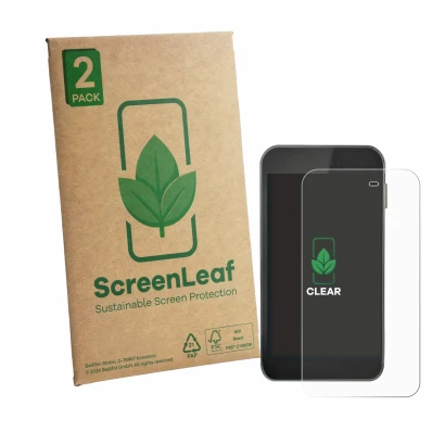 Front side of a product packaging with the brand logo ScreenLeaf. Next to it is the device Equil S Patch 300U shown with the c