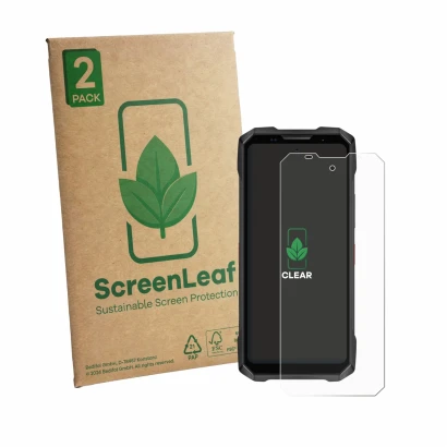 Front side of a product packaging with the brand logo ScreenLeaf. Next to it is the device Doogee V Max 2 shown with the corre