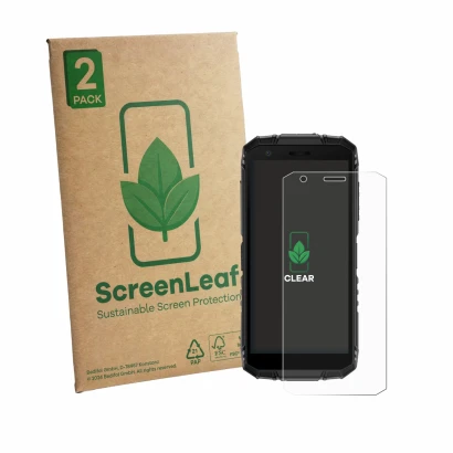 Front side of a product packaging with the brand logo ScreenLeaf. Next to it is the device Doogee Fire 3 shown with the corres