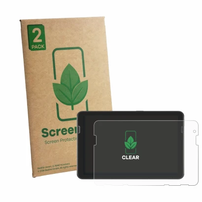 Front side of a product packaging with the brand logo ScreenLeaf. Next to it is the device Zebra ET401 8" shown with the corre