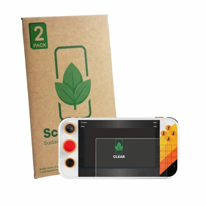 Front side of a product packaging with the brand logo ScreenLeaf. Next to it is the device My Arcade Atari Gamestation Go Port