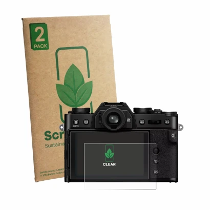 Front side of a product packaging with the brand logo ScreenLeaf. Next to it is the device Fujifilm X-T30 III shown with the c