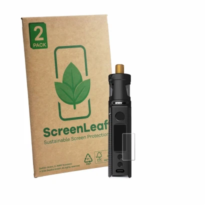 Front side of a product packaging with the brand logo ScreenLeaf. Next to it is the device Innokin LiMAX Kit shown with the co