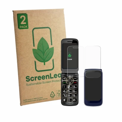 Front side of a product packaging with the brand logo ScreenLeaf. Next to it is the device Guwet G739 (Front+Back) shown with 