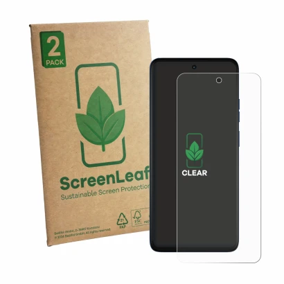 Front side of a product packaging with the brand logo ScreenLeaf. Next to it is the device Motorola Moto G57 shown with the co