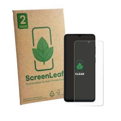 Front side of a product packaging with the brand logo ScreenLeaf. Next to it is the device Honor X5d Plus shown with the corre