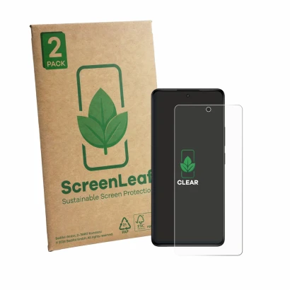 Front side of a product packaging with the brand logo ScreenLeaf. Next to it is the device Lava Bold 2 5G shown with the corre