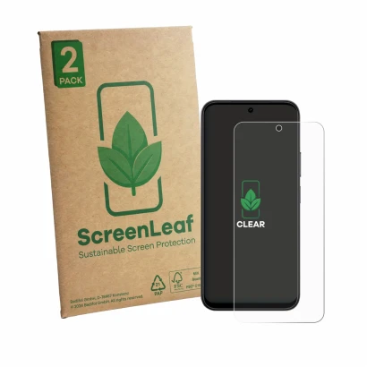 Front side of a product packaging with the brand logo ScreenLeaf. Next to it is the device Vivo Y51 Pro 5G shown with the corr