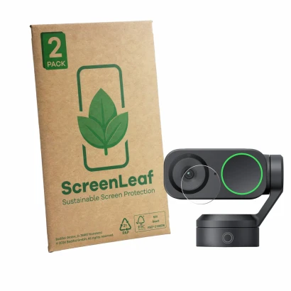 Front side of a product packaging with the brand logo ScreenLeaf. Next to it is the device Insta360 Link 2 (Lens) shown with t