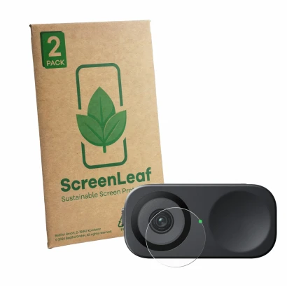 Front side of a product packaging with the brand logo ScreenLeaf. Next to it is the device Insta360 Link 2C (Lens) shown with 