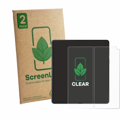Front side of a product packaging with the brand logo ScreenLeaf. Next to it is the device Motorola Razr Fold (Inner display) 