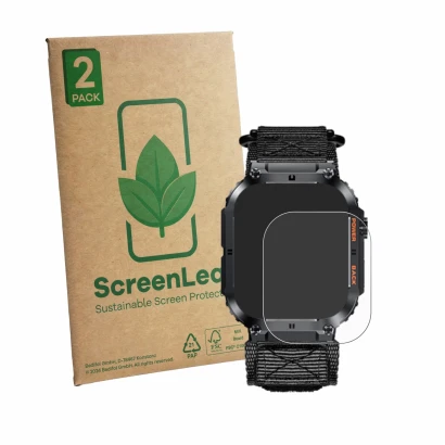 Front side of a product packaging with the brand logo ScreenLeaf. Next to it is the device Megalith K57PRO shown with the corr