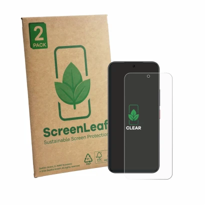 Front side of a product packaging with the brand logo ScreenLeaf. Next to it is the device Nubia Air Pro shown with the corres