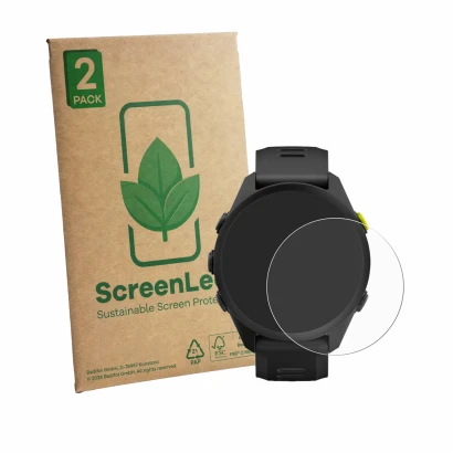 Front side of a product packaging with the brand logo ScreenLeaf. Next to it is the device Garmin Forerunner 70 shown with the