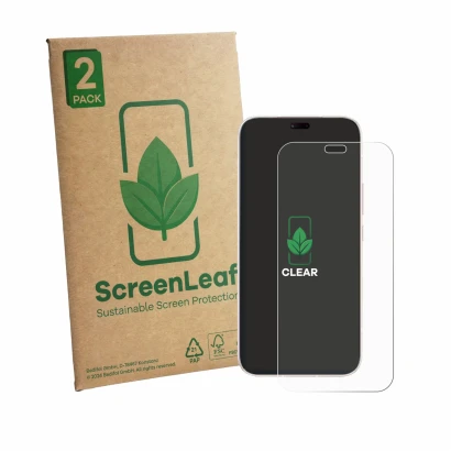 Front side of a product packaging with the brand logo ScreenLeaf. Next to it is the device Honor Play 11 Plus shown with the c