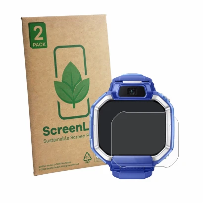 Front side of a product packaging with the brand logo ScreenLeaf. Next to it is the device Huawei Watch Kids X1 shown with the