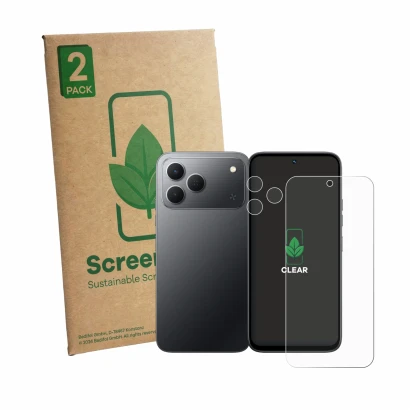 Front side of a product packaging with the brand logo ScreenLeaf. Next to it is the device Tecno Spark 50 4G (Front+Camera) sh
