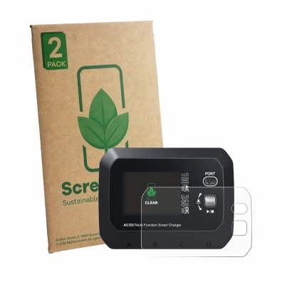 Front side of a product packaging with the brand logo ScreenLeaf. Next to it is the device SkyRc Q100 Neo shown with the corre