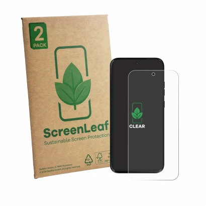 Front side of a product packaging with the brand logo ScreenLeaf. Next to it is the device Motorola Moto G Max shown with the 
