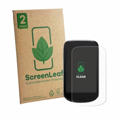 Front side of a product packaging with the brand logo ScreenLeaf. Next to it is the device iGPSPORT BSC500 shown with the corr