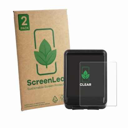 Front side of a product packaging with the brand logo ScreenLeaf. Next to it is the device OHFAMO IC321 shown with the corresp