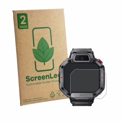Front side of a product packaging with the brand logo ScreenLeaf. Next to it is the device Huawei Watch Kids X1 Pro shown with