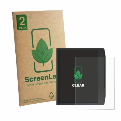 Front side of a product packaging with the brand logo ScreenLeaf. Next to it is the device PocketBook Era Lite shown with the 