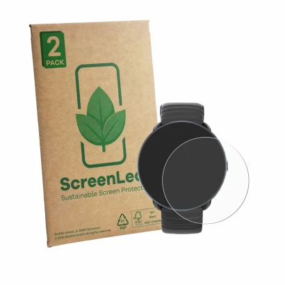 Front side of a product packaging with the brand logo ScreenLeaf. Next to it is the device Parsonver PSSW9 shown with the corr