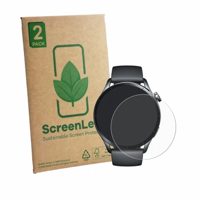Front side of a product packaging with the brand logo ScreenLeaf. Next to it is the device Xiaomi Watch S5 shown with the corr