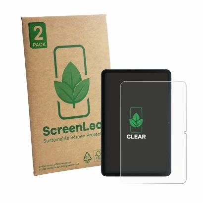 Front side of a product packaging with the brand logo ScreenLeaf. Next to it is the device Xiaomi Poco Pad C1 shown with the c