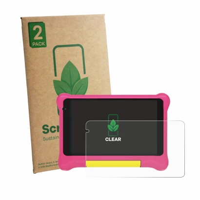 Front side of a product packaging with the brand logo ScreenLeaf. Next to it is the device Laptok LPK707PK 7" shown with the c