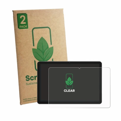 Front side of a product packaging with the brand logo ScreenLeaf. Next to it is the device BNCF Bpad 10 shown with the corresp