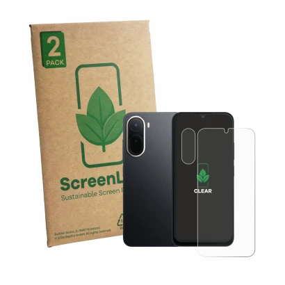 Front side of a product packaging with the brand logo ScreenLeaf. Next to it is the device Xiaomi Redmi A7 Pro (Front+Camera) 