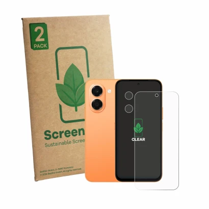 Front side of a product packaging with the brand logo ScreenLeaf. Next to it is the device Honor X7e (Front+Camera) shown with