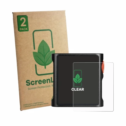 Front side of a product packaging with the brand logo ScreenLeaf. Next to it is the device Shanling M0 Pura shown with the cor