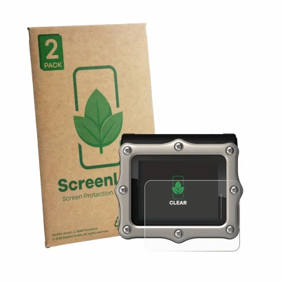 Front side of a product packaging with the brand logo ScreenLeaf. Next to it is the device Shearwater Perdix 3 shown with the 
