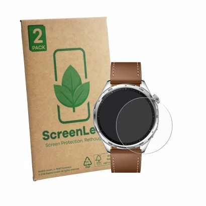 Front side of a product packaging with the brand logo ScreenLeaf. Next to it is the device Honor Watch 6 shown with the corres