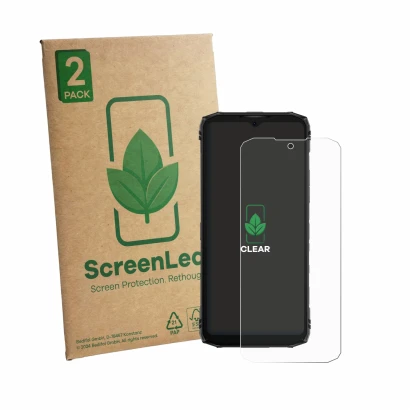 Front side of a product packaging with the brand logo ScreenLeaf. Next to it is the device Doogee Blade 10 Energy shown with t