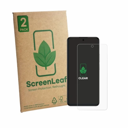 Front side of a product packaging with the brand logo ScreenLeaf. Next to it is the device Honor X8d shown with the correspond