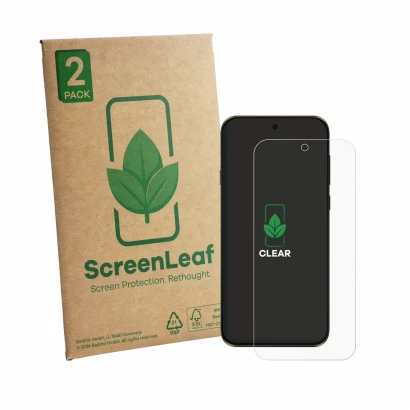 Front side of a product packaging with the brand logo ScreenLeaf. Next to it is the device Motorola Edge (2026) shown with the