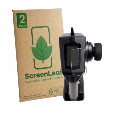 Front side of a product packaging with the brand logo ScreenLeaf. Next to it is the device Spektrum DXC Plus shown with the co