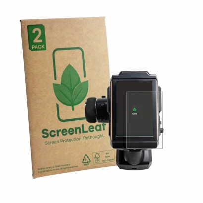 Front side of a product packaging with the brand logo ScreenLeaf. Next to it is the device Spektrum iXSR Plus shown with the c