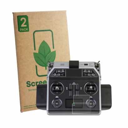 Front side of a product packaging with the brand logo ScreenLeaf. Next to it is the device Graupner MC-26 HOTT shown with the 