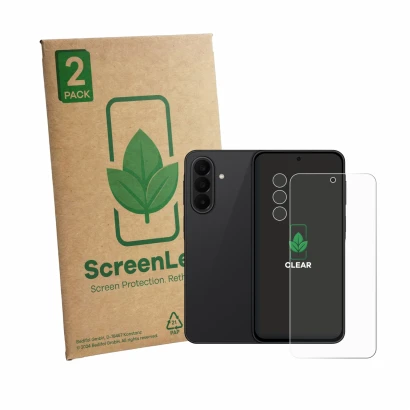 Front side of a product packaging with the brand logo ScreenLeaf. Next to it is the device Samsung Galaxy A27 5G (Front+Camera