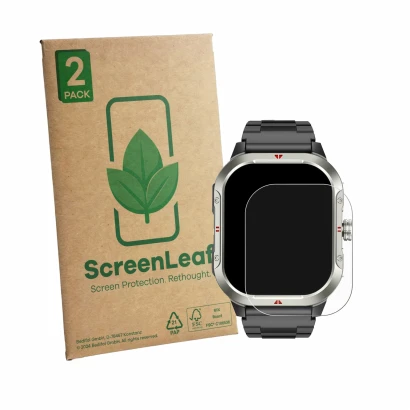 Front side of a product packaging with the brand logo ScreenLeaf. Next to it is the device Jugeman V10 2.06" shown with the co