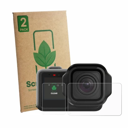 Front side of a product packaging with the brand logo ScreenLeaf. Next to it is the device GoPro Mission 1 Pro shown with the 