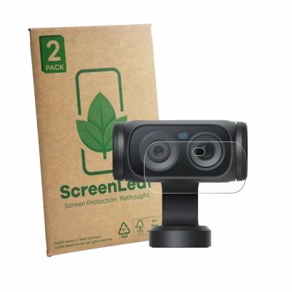 Front side of a product packaging with the brand logo ScreenLeaf. Next to it is the device Insta360 Luna Ultra (Lens) shown wi