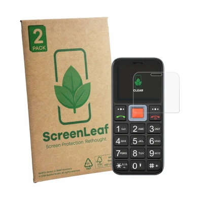 Front side of a product packaging with the brand logo ScreenLeaf. Next to it is the device Easyfone Prime A5 shown with the co