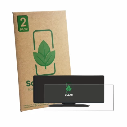 Front side of a product packaging with the brand logo ScreenLeaf. Next to it is the device Carpuride W903 Plus 9.3" shown with